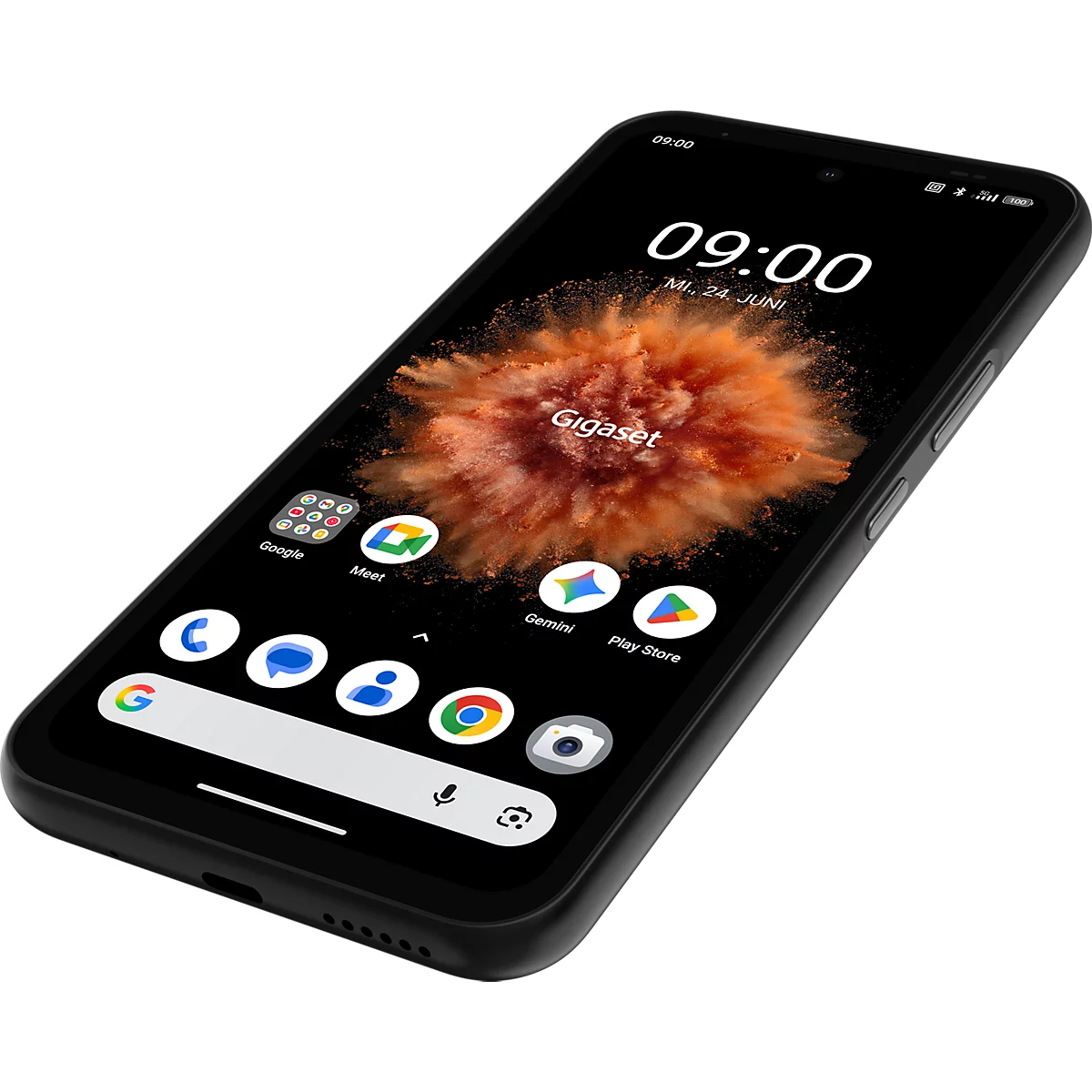 Schwarzes Gigaset Smartphone in Perspektive mit aktivem Startbildschirm, Uhrzeit 09:00 Uhr und App-Symbolen.