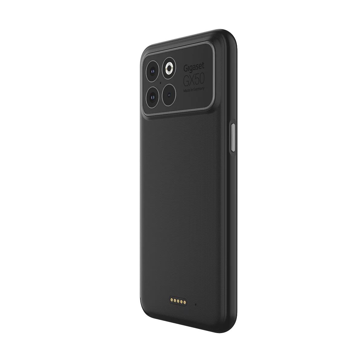 Rückseite eines schwarzen Gigaset GX60 Smartphones in schräger Ansicht vor weißem Hintergrund.