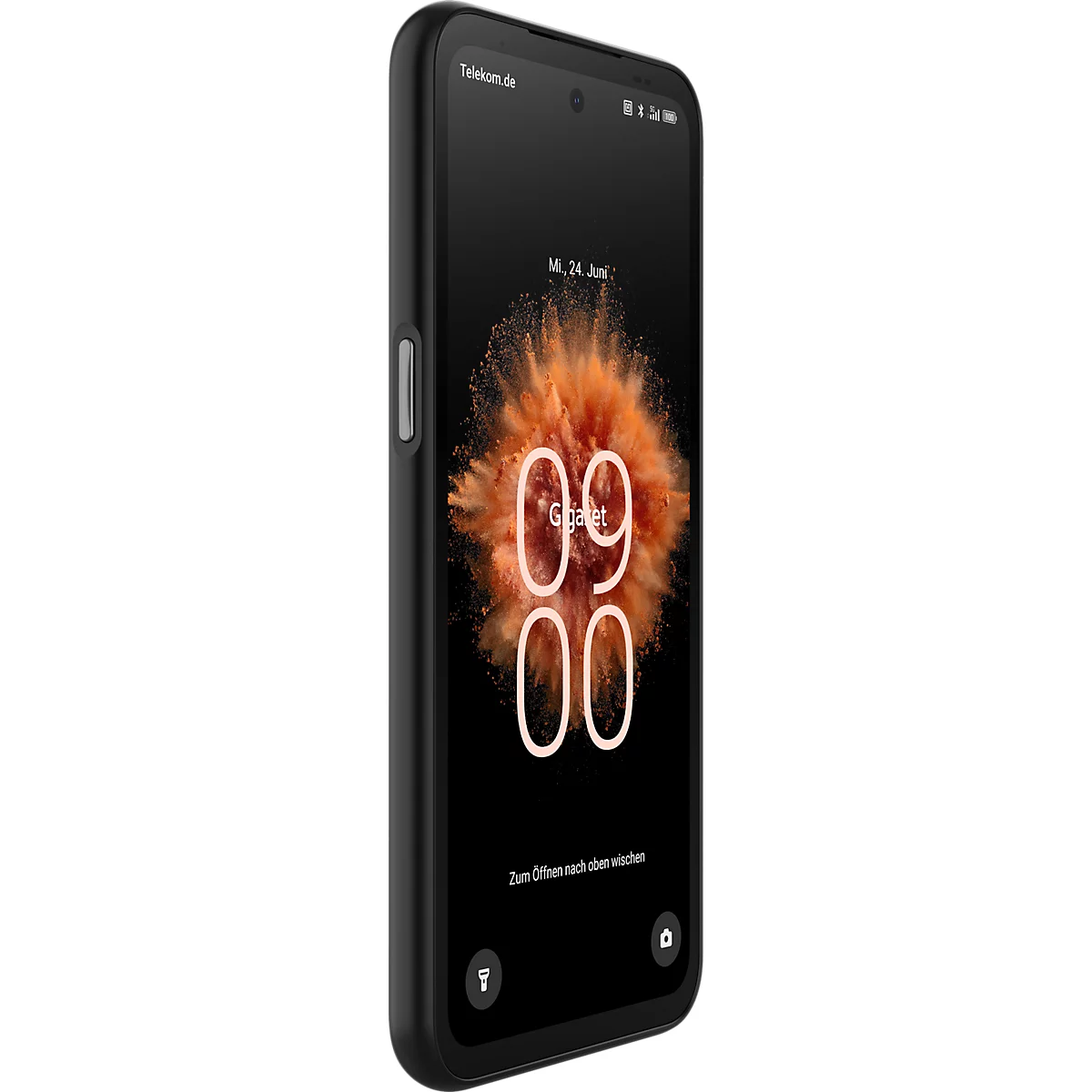 Schwarzes Smartphone in Seitenansicht mit orangefarbenem Display-Hintergrund und Zeitangabe 09:00 Uhr.