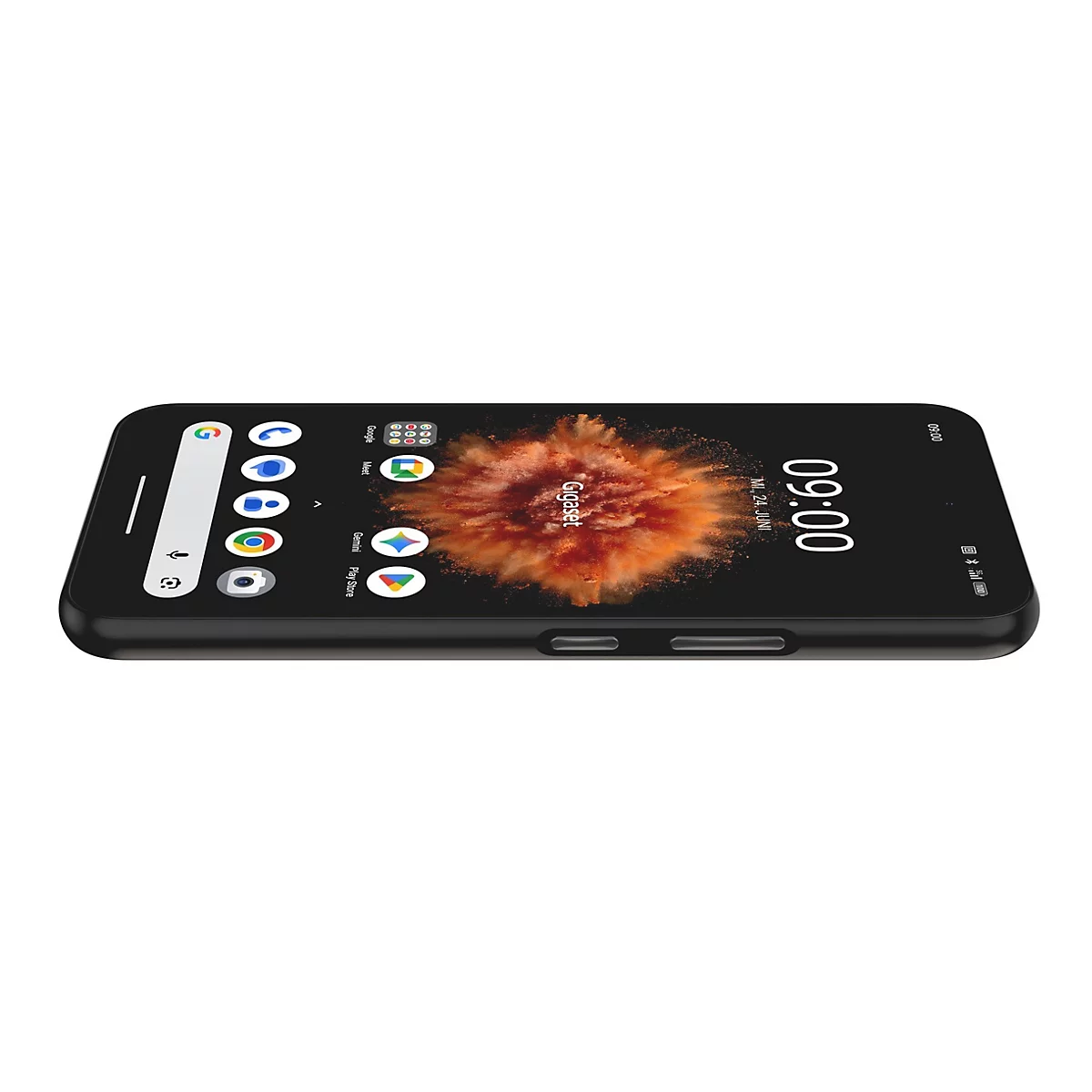 Schwarzes Smartphone in Schrägansicht mit eingeschaltetem Display und Android-Benutzeroberfläche.