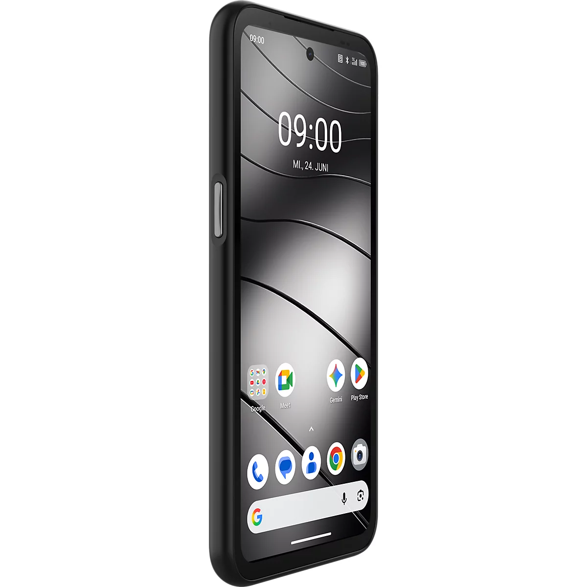 Schwarzes Smartphone in Schrägansicht mit eingeschaltetem Display und Uhrzeit 09:00 Uhr.
