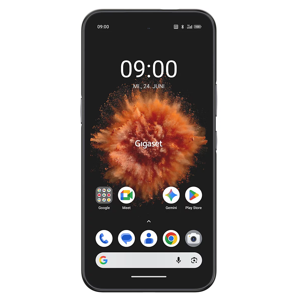 Gigaset Smartphone mit schwarzem Display und orangefarbenem Wolkenhintergrund sowie App-Icons.