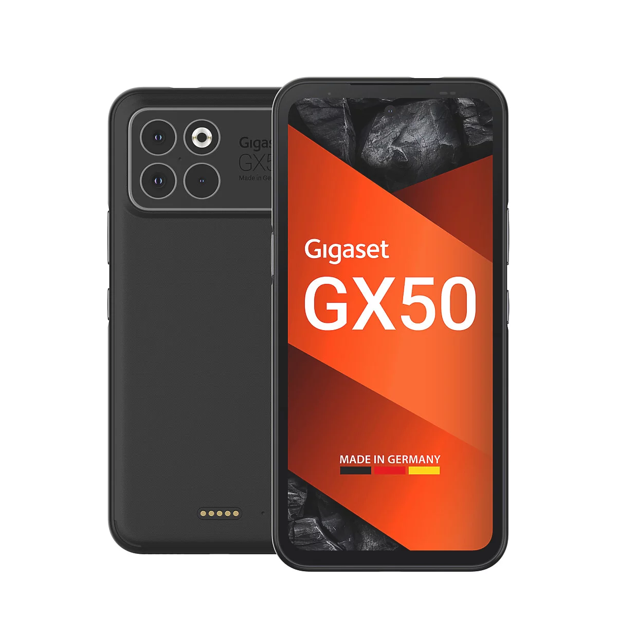 Gigaset GX50 Smartphone von vorne und hinten, Display mit Gigaset GX50 Branding und Made in Germany Logo.