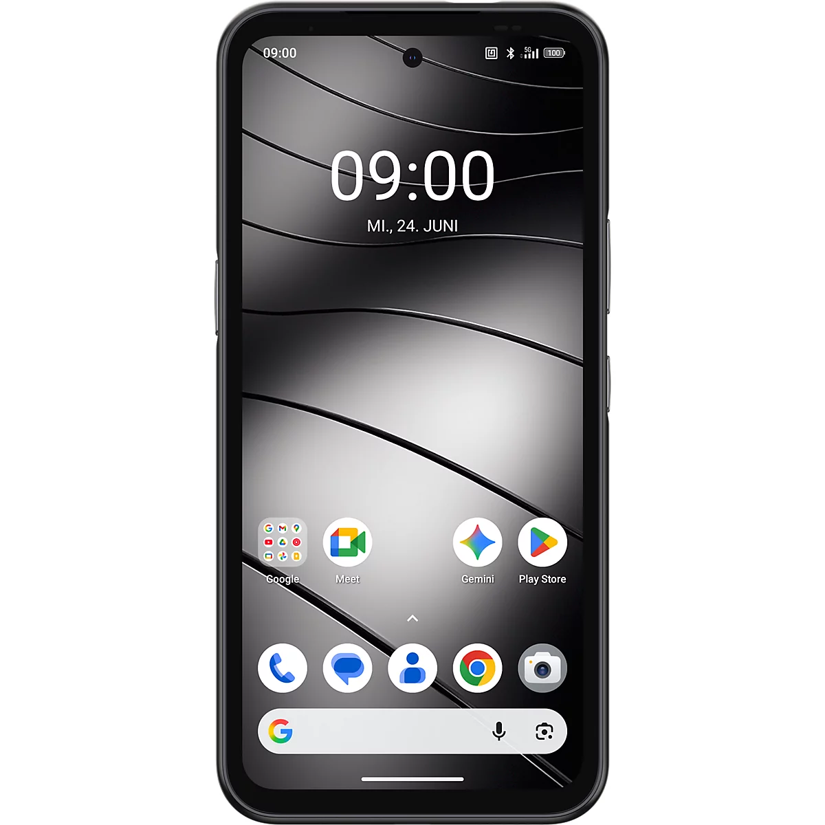 Schwarzes Smartphone mit eingeschaltetem Bildschirm, zeigt Datum, Uhrzeit 09:00 Uhr und App-Symbole.