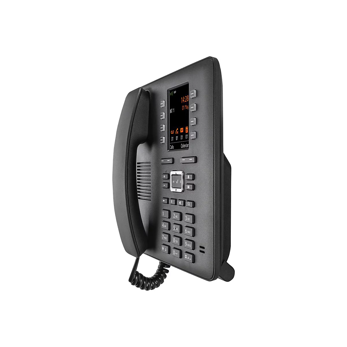 Schwarzes Festnetztelefon mit Display und Tastatur, Blick auf die Seite. Uhrzeit: 14:28.
