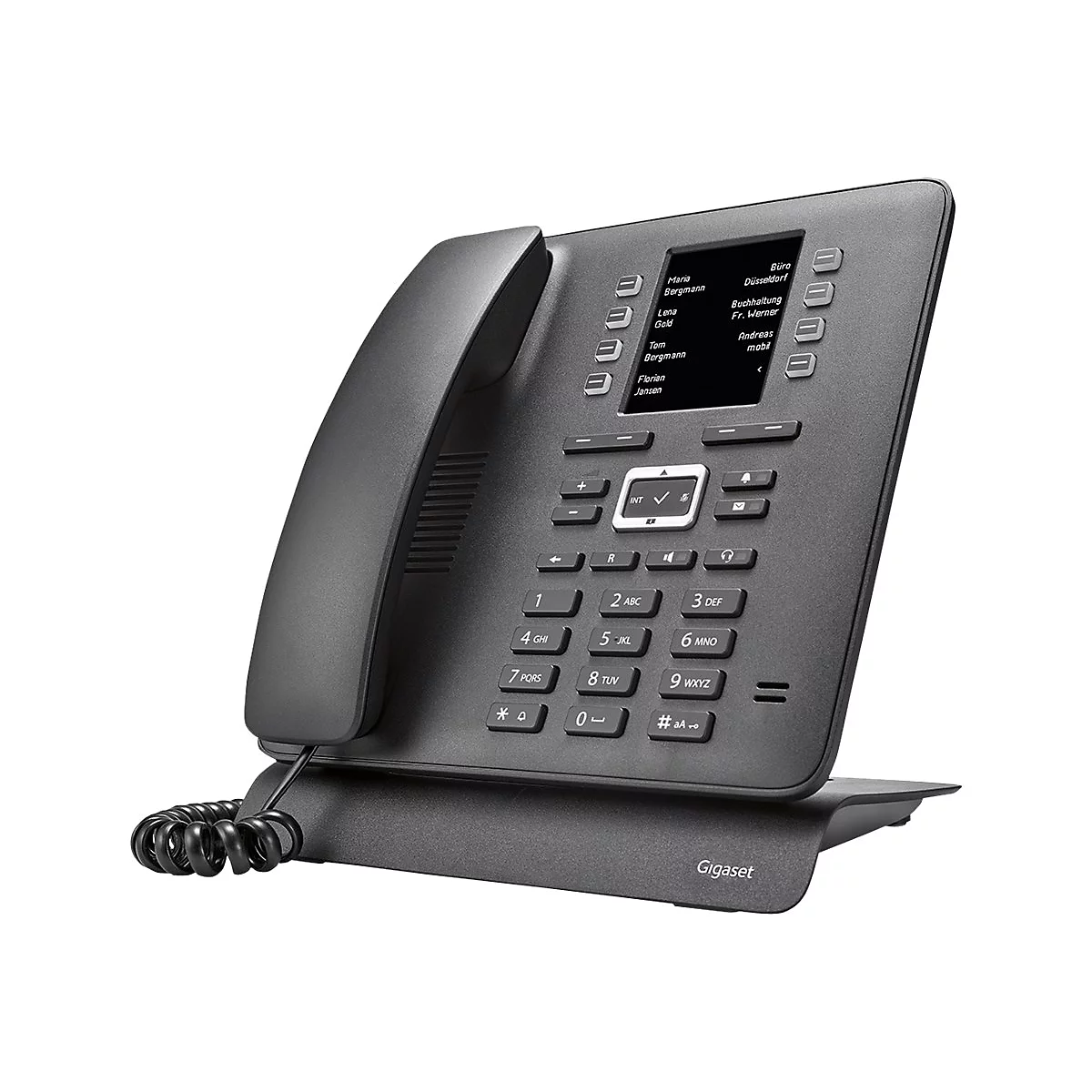 Dunkelgraues Gigaset-Tischtelefon mit Wählknöpfen, Display und Hörer. Auf dem Display Namen und Telefonnummern.