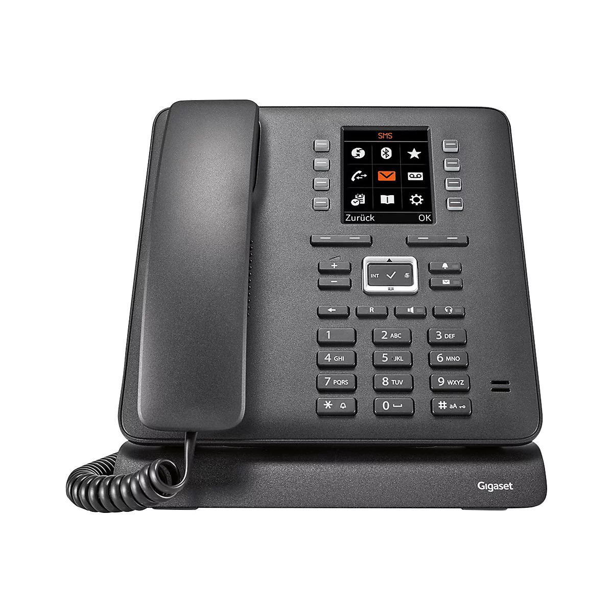 Schwarzes Tischtelefon mit Display, Tastatur und Hörerkabel. Auf dem Display SMS und verschiedene Symbole. Der Schriftzug Gigaset ist zu sehen.
