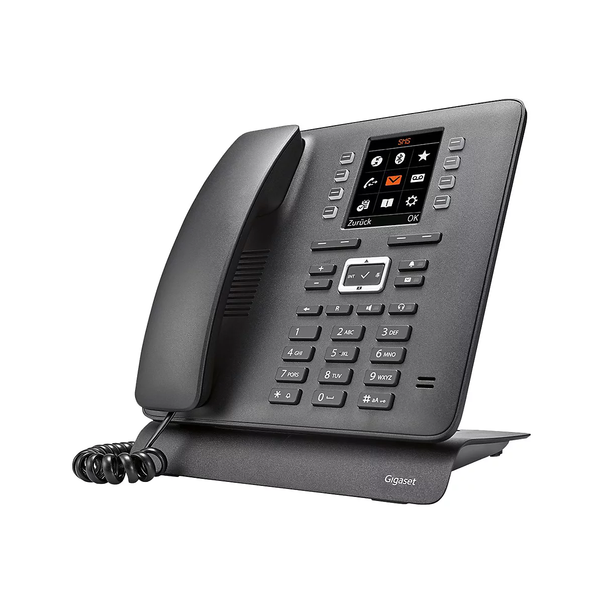 Schwarzes Gigaset-Telefon mit Display, Tastatur und Hörer. Auf dem Display stehen SMS, Zurück und OK. Auf der Basis steht Gigaset.