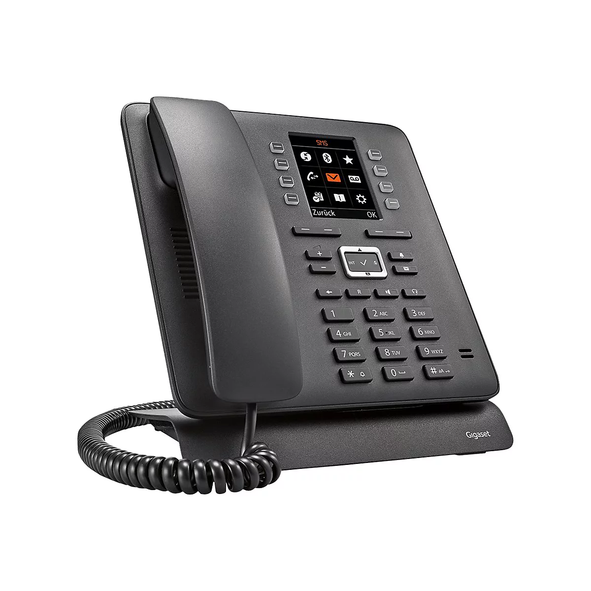 Schwarzes Gigaset-Telefon mit Tastatur, Display und Hörer, auf weißem Hintergrund. SMS, Zurück und OK sind zu sehen.