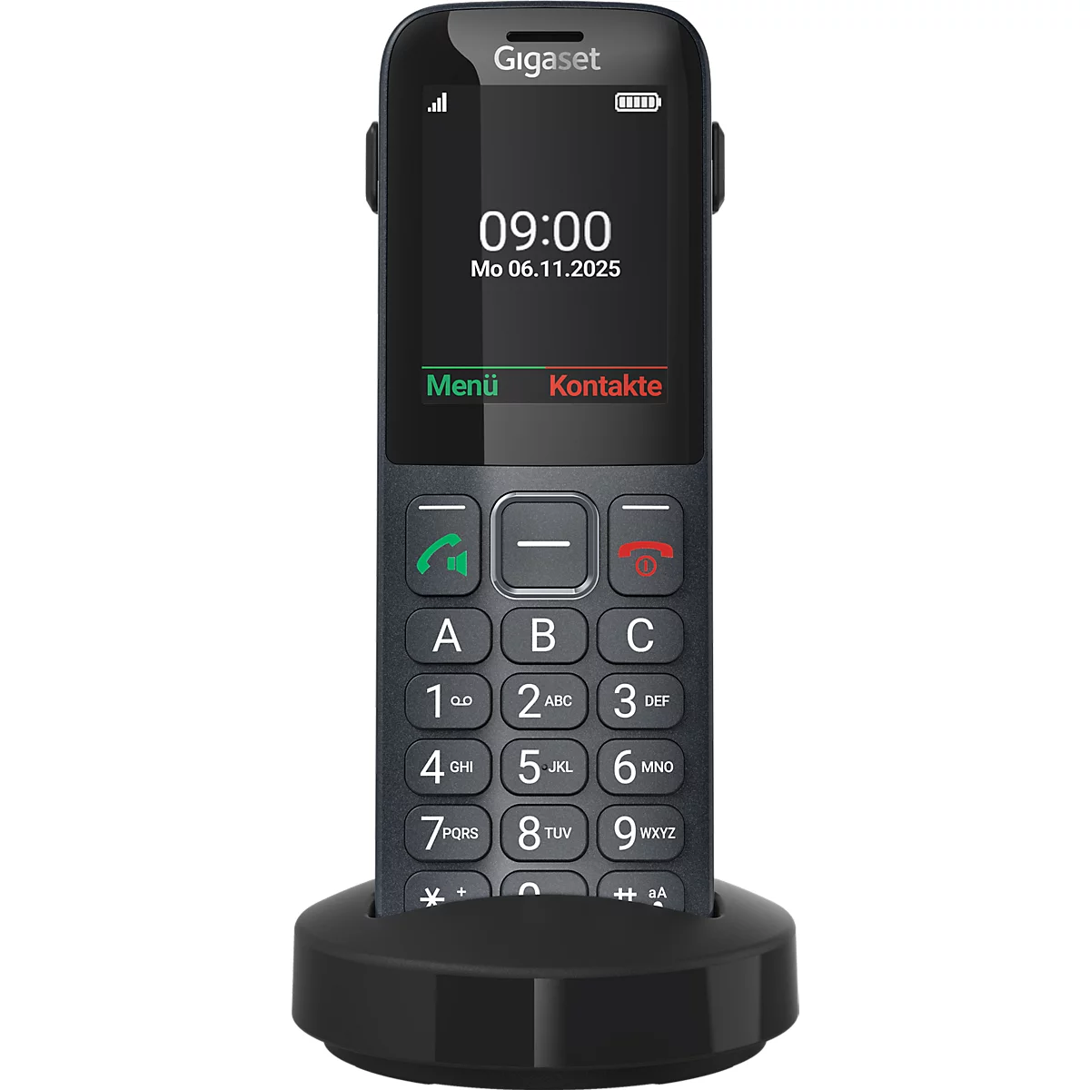 Schwarzes Gigaset Senioren-Telefon in Ladestation mit beleuchtetem Display und großen Tasten.