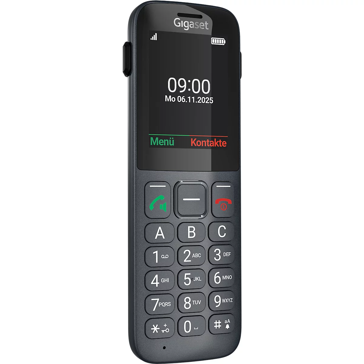 Dunkelgraues Gigaset Seniorenhandy mit großem Tastenfeld und Displayanzeige auf neutralem Hintergrund.