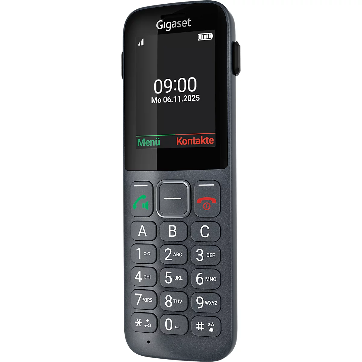 Dunkelgraues Gigaset Seniorenhandy mit großem Display und Tastenfeld vor weißem Hintergrund.