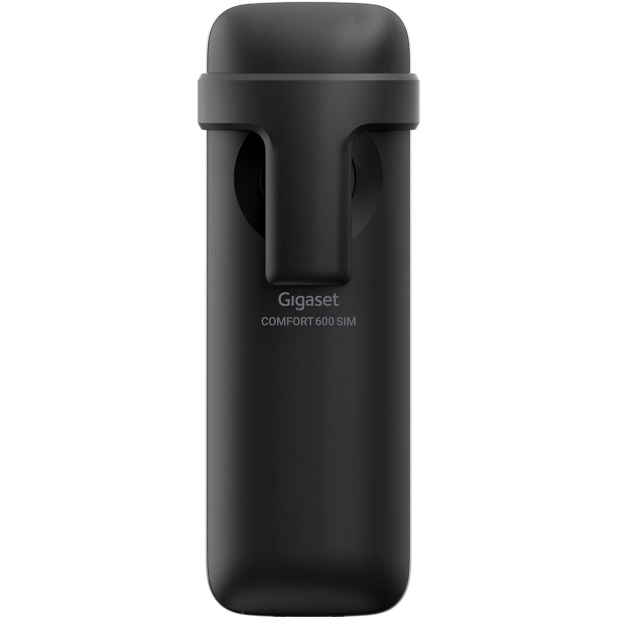 Schwarzes Gigaset COMFORT 600 SIM Mobilteil von vorne vor neutralem Hintergrund.