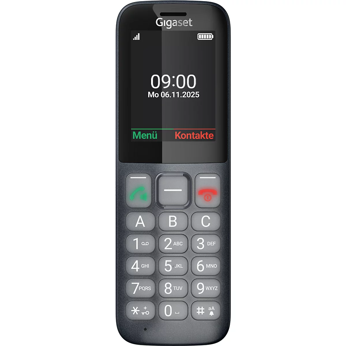 Schwarzes Gigaset Seniorenhandy mit großem Tastenfeld und Display, das die Uhrzeit anzeigt.
