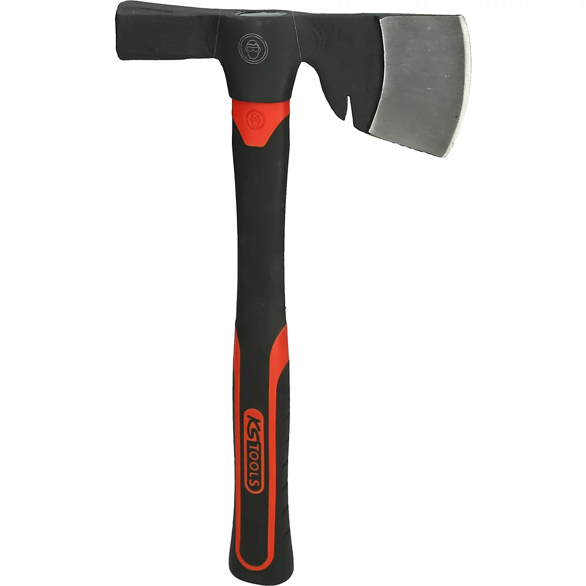 Schwarz-rote Axt mit Hammerkopf und Holzgriff, Logo "KS TOOLS".