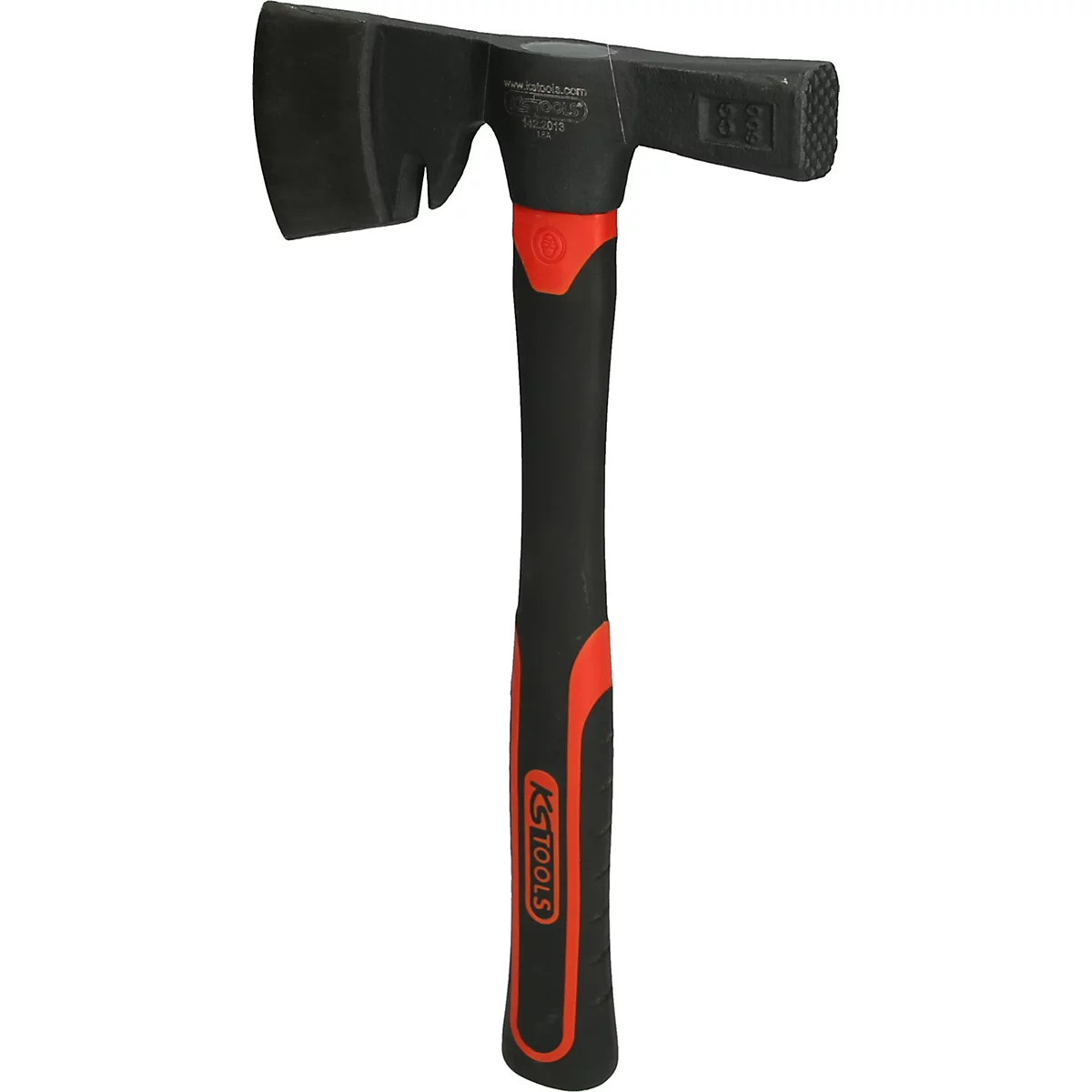 Schwarze Axt mit rotem Griff, KS TOOLS Logo. Die Axt hat eine Schneide und einen Hammerkopf.