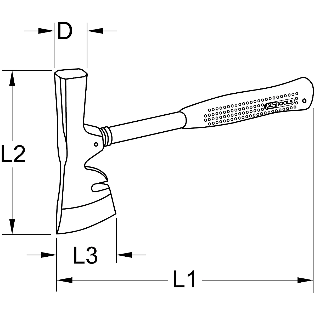 Schwarz-weiße Zeichnung einer Kombiaxt. Mit Maßangaben wie L1, L2, L3 und D. Der Griff trägt den Schriftzug "KS TOOLS".