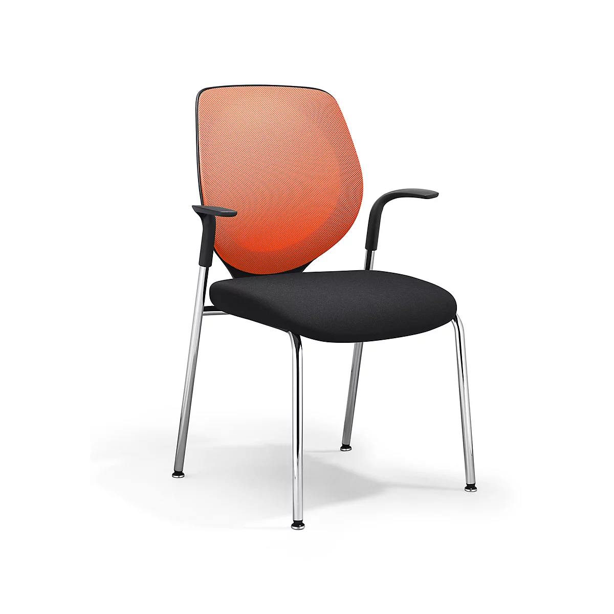 Chair with black seat and orange back on chrome legs.