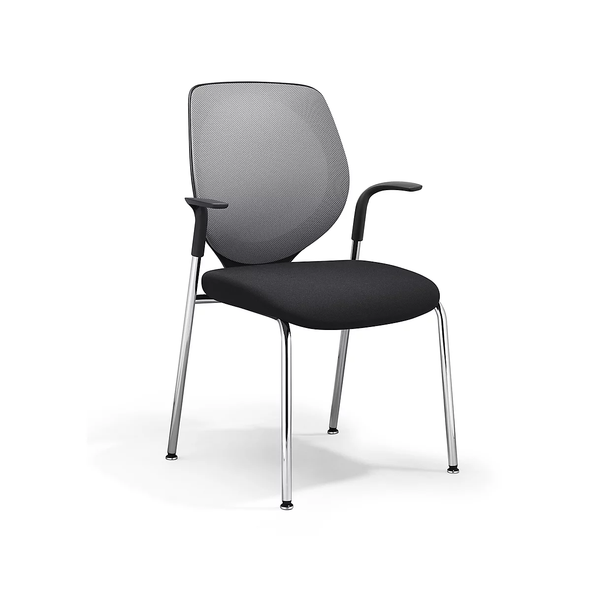 Black office chair with gray back and armrests. On silver legs against a white background.