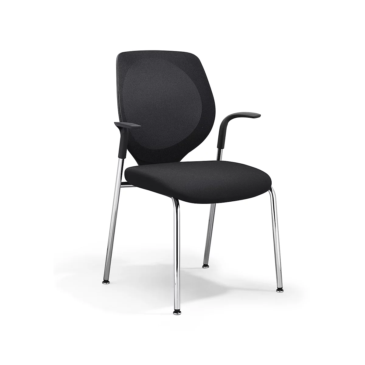 Black office chair with armrests and chrome frame against a white background.