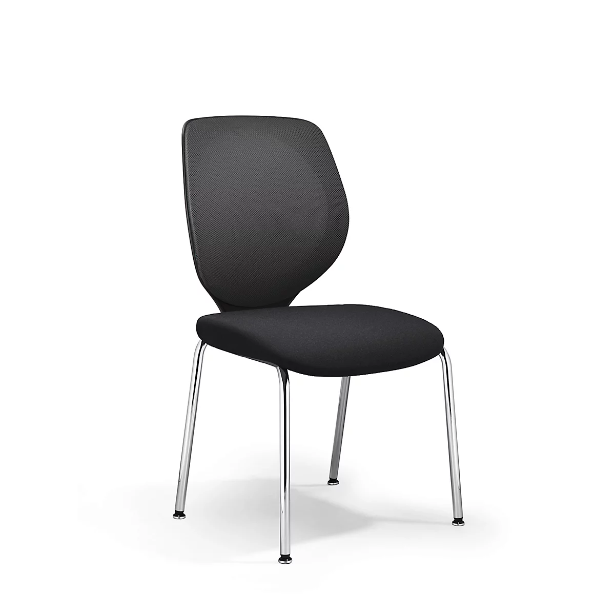 Black chair with chrome legs on white background. The seat and backrest are upholstered.