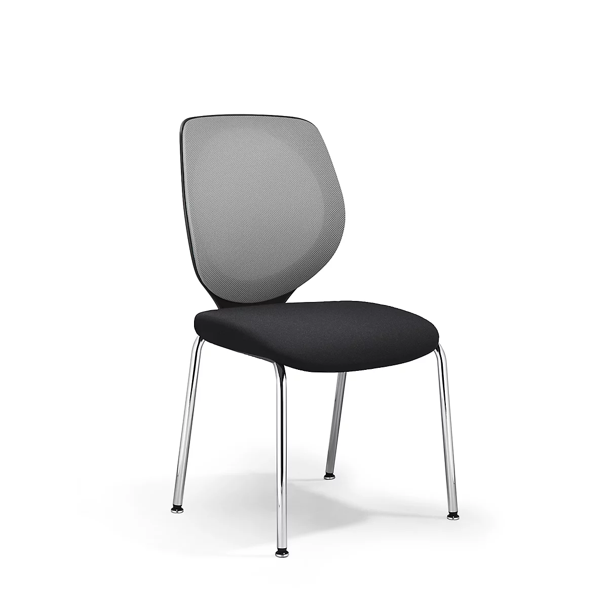 Modern chair with gray backrest, black seat, and chrome legs against a white background.