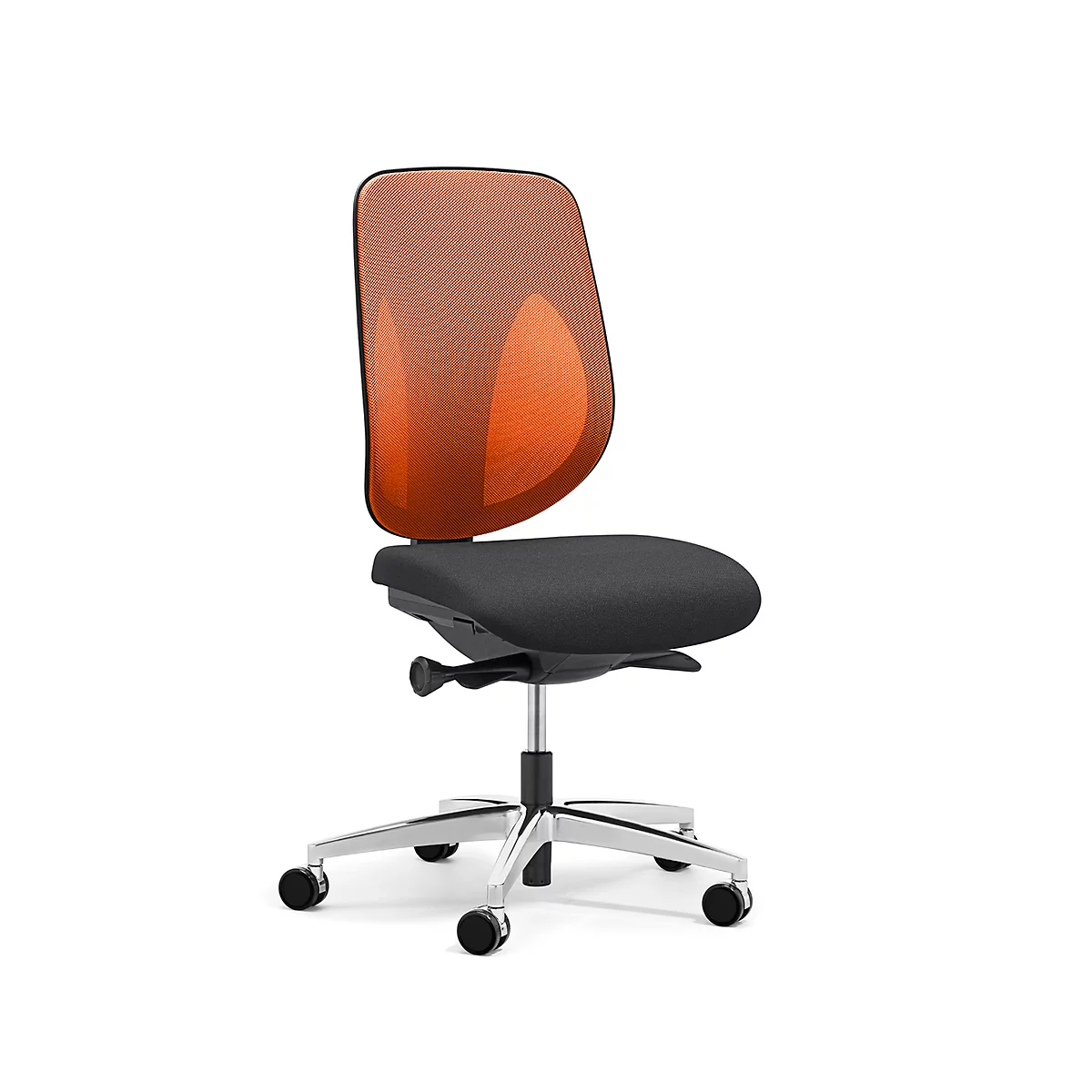 Giroflex Bürostuhl 353, ohne Armlehnen, Auto-Synchronmechanik, Muldensitz, 3D-Netz-Rückenlehne, orange/schwarz/alusilber