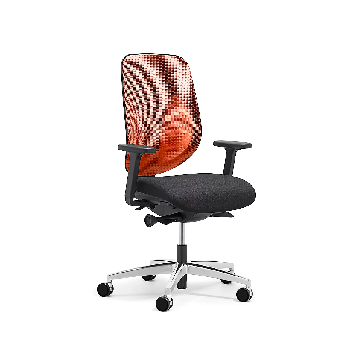 Giroflex bureaustoel 353, met armleuningen, auto-synchroonmechanisme, kuipzitting, rugleuning met 3D-gaas, oranje/zwart/aluminiumzilver