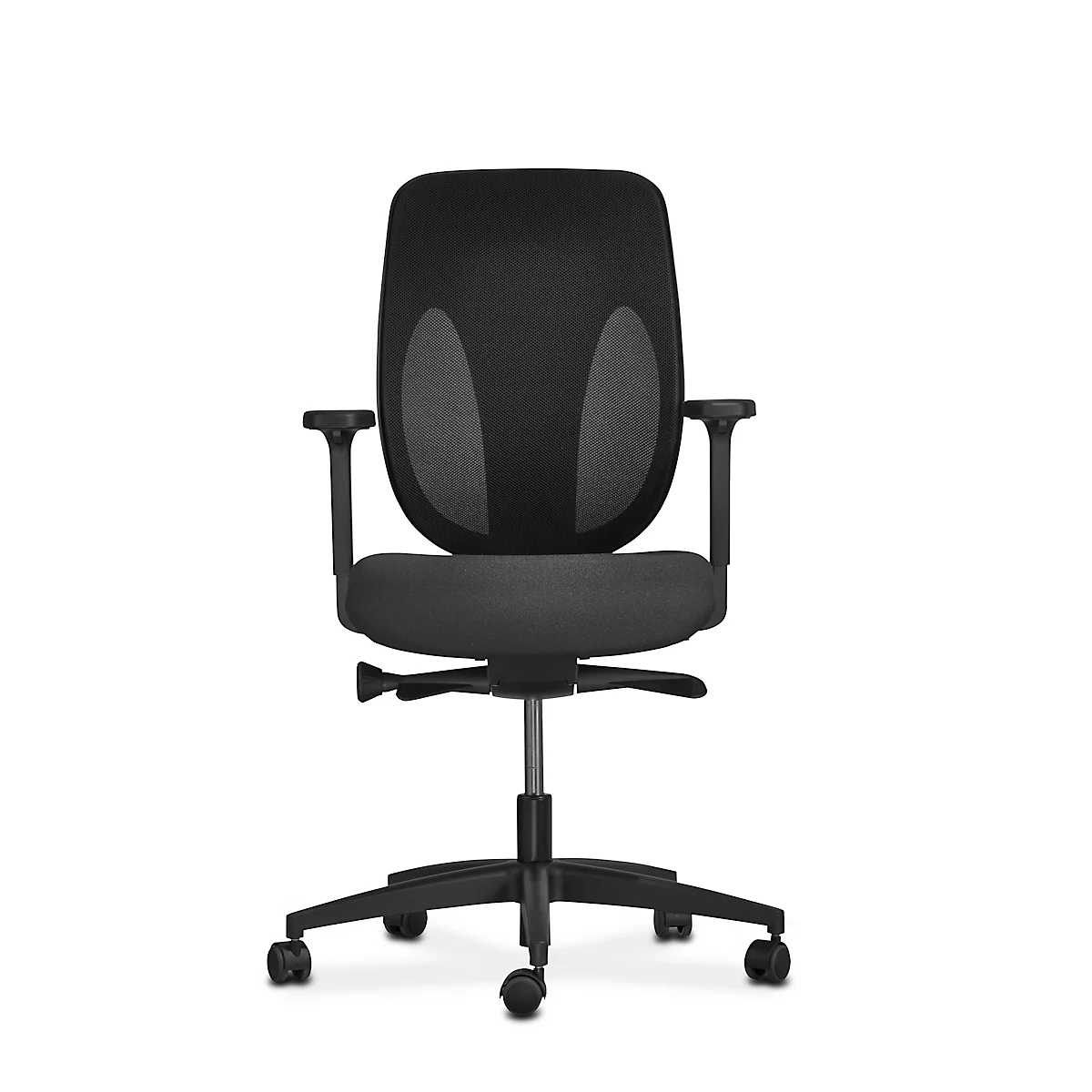 Giroflex Drehstuhl 353, mit Armlehnen, Auto-Synchronmechanik, Muldensitz, 3D-Netz-Rückenlehne, schwarz/schwarz