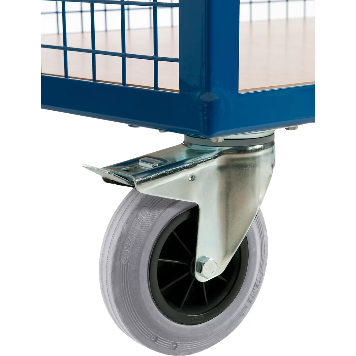 Nahaufnahme einer blauen Transportwagen-Lenkrolle mit grauer Gummilauffläche und Feststellbremse.