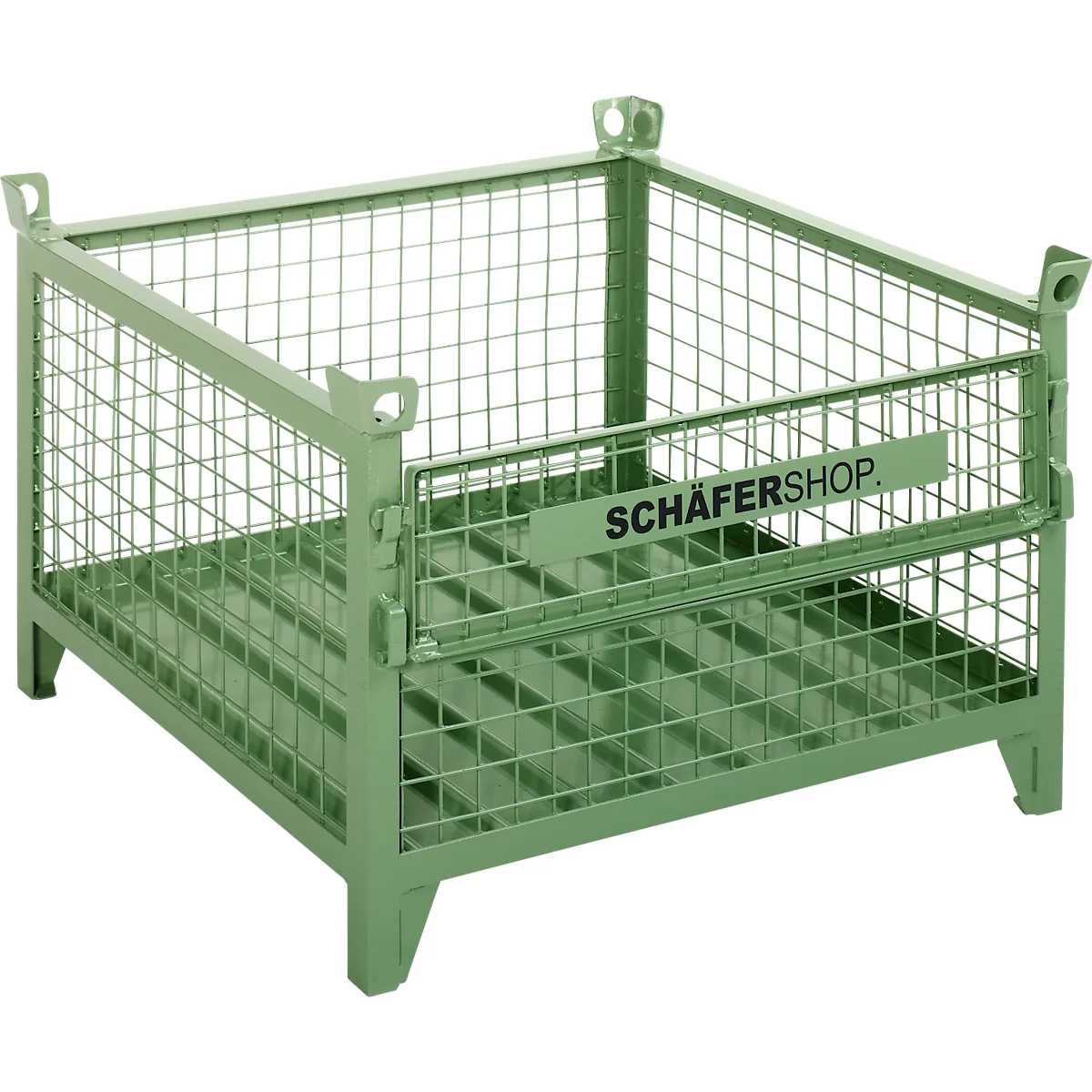 Gitterbehälter Schäfer Shop Select, mit halb klappbarer Wand, B 1050 x T 850 x H 670 mm, resedagrün RAL 6011, bis 1000 kg