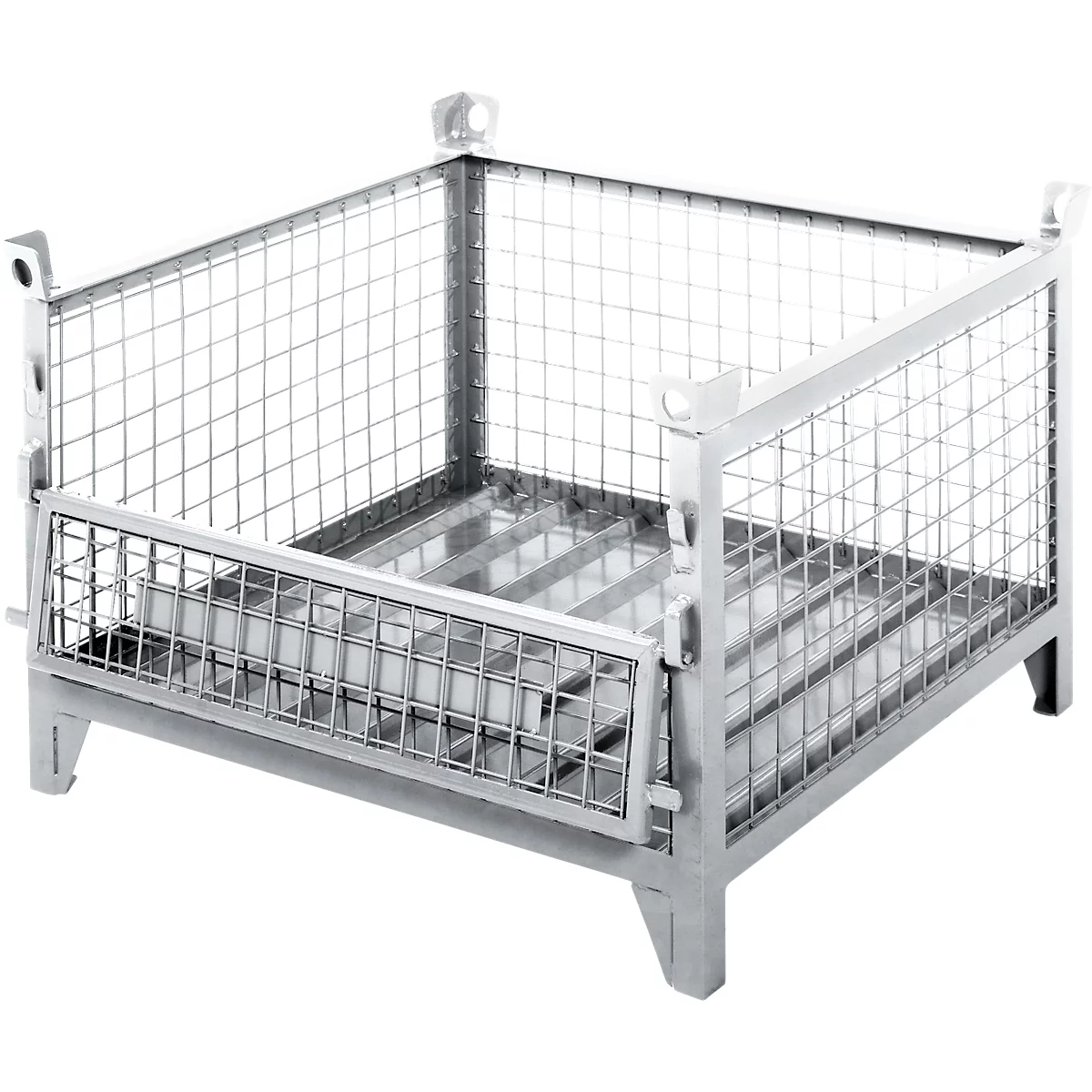 Metallkorb in Drahtgitteroptik. Rechteckige Form, seitlich abklappbar, für Lagerung geeignet.