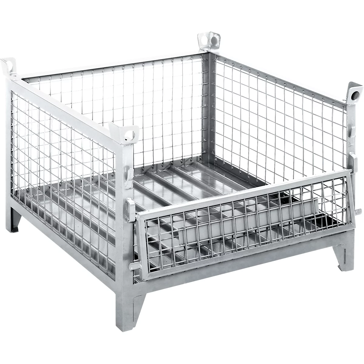 Stahlgitterbehälter in Drahtgitteroptik mit Boden und Füßen, Seiten teils offen.