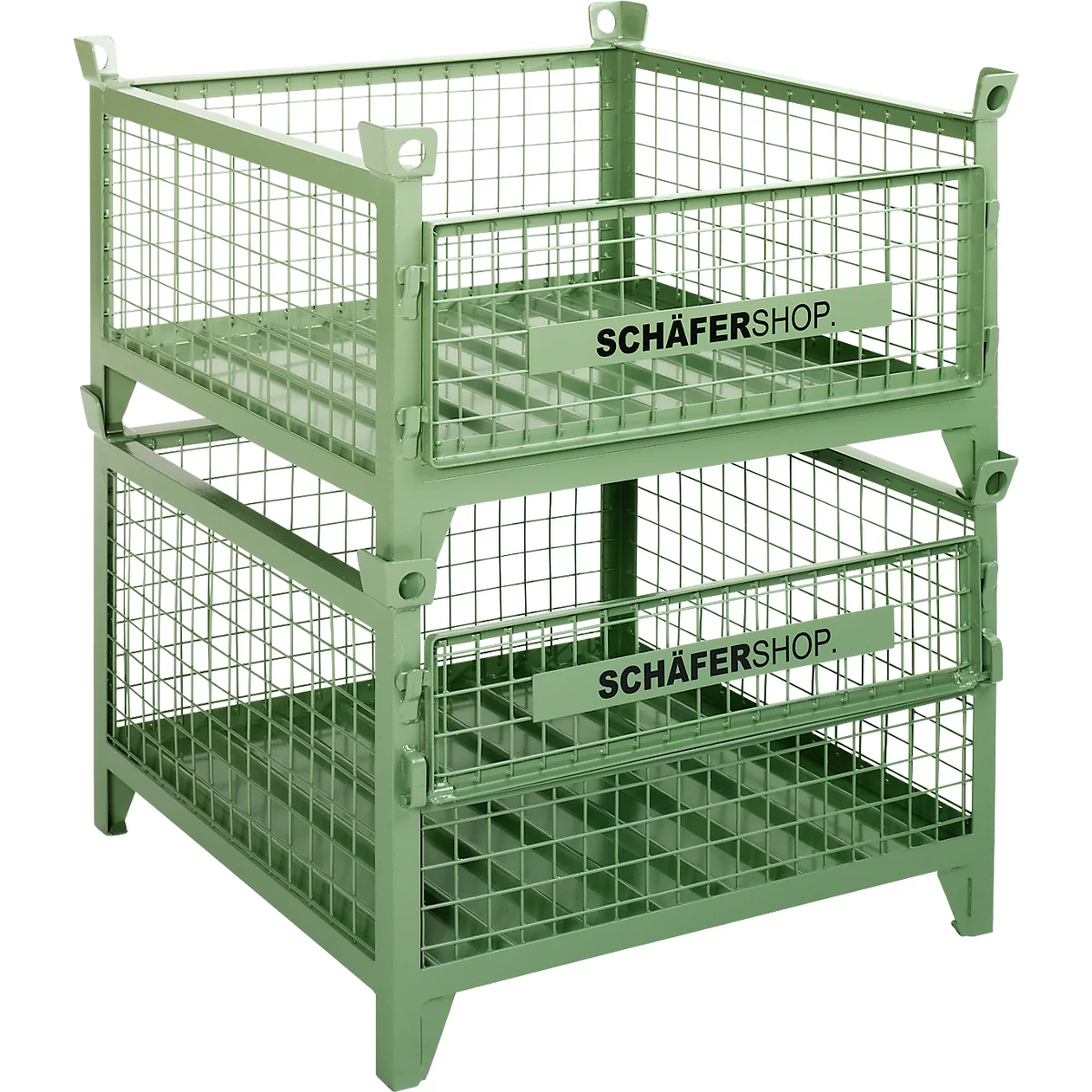 Zwei grüne Gitterboxen, übereinandergestapelt. Auf jeder Box ist das Logo "SCHÄFERSHOP" zu sehen.