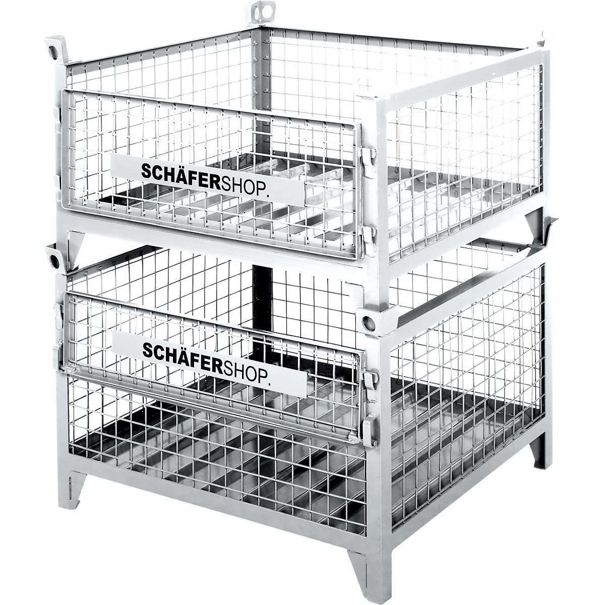 Gestapelter Metallgitterkorb mit "SCHÄFERSHOP"-Logo. Obere Etage leer, untere mit Metallboden.