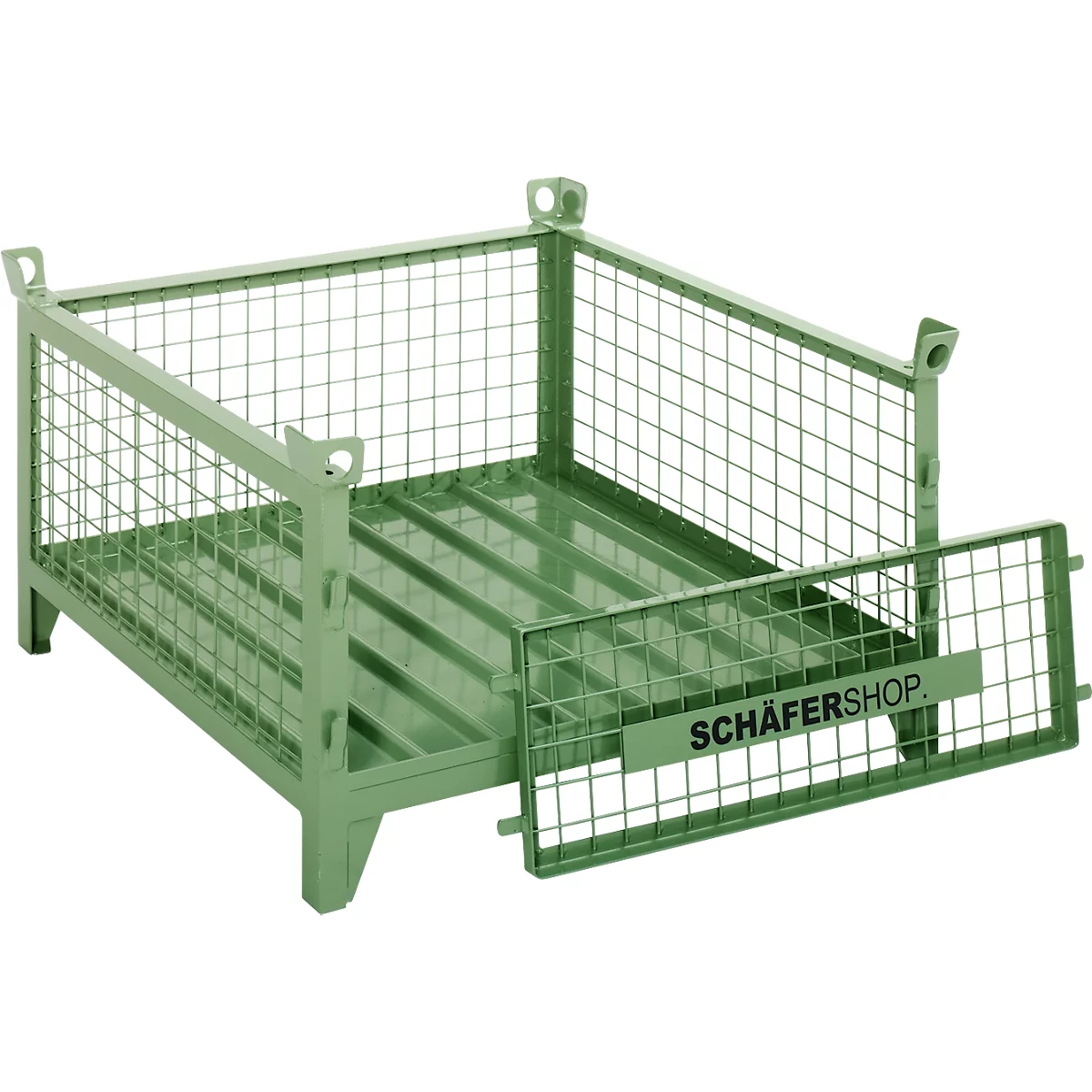 Grüne Gitterbox mit herausnehmbarer Front. Der Schriftzug „SCHÄFERSHOP“ ist sichtbar.