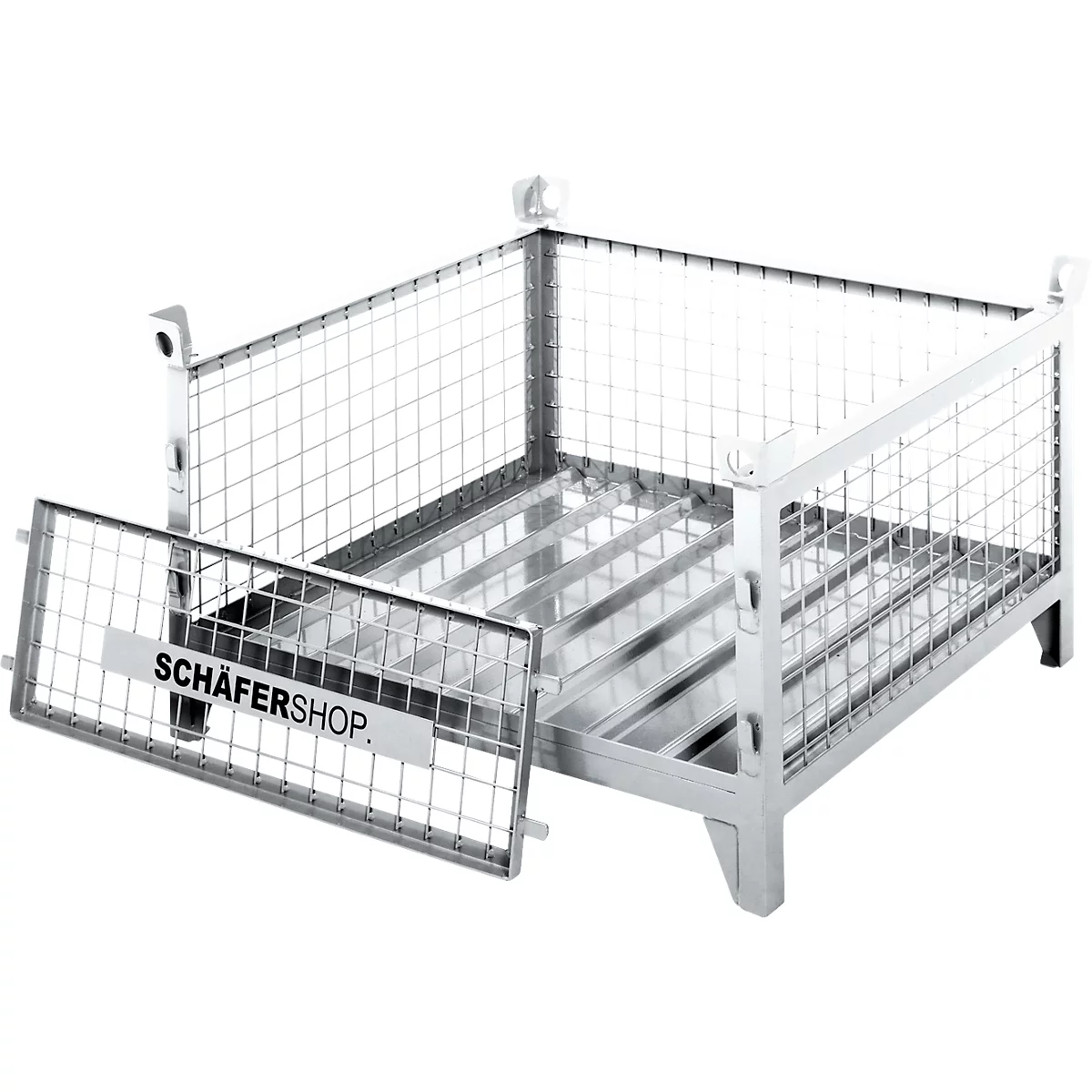Metallgitterbox mit geöffneter Tür, vor weißem Hintergrund. Auf der Tür ist "SCHÄFERSHOP" geschrieben.