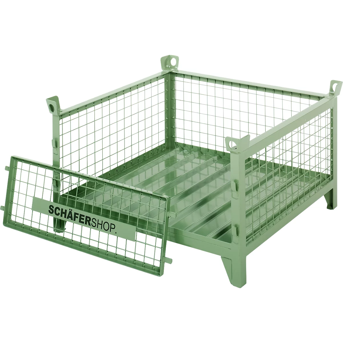 Grüne Gitterbox mit geöffneter Fronttür. Auf der Tür steht "SCHÄFERSHOP".