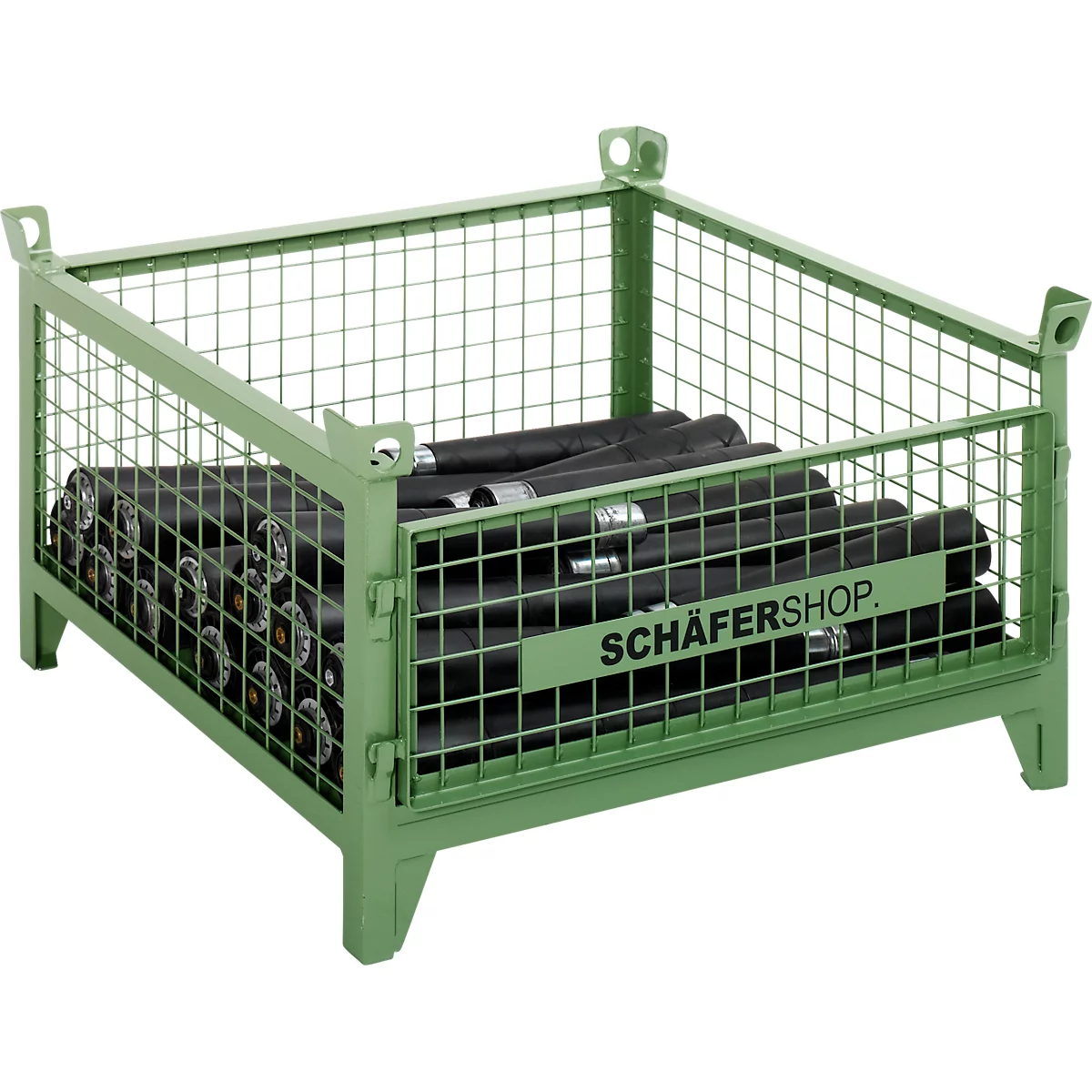 Grüne Gitterbox mit schwarzen Schläuchen. Aufschrift: Schäfer Shop.