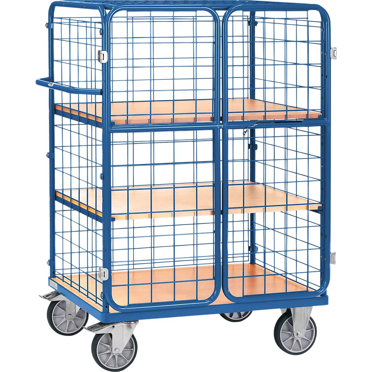Gitterwagen Fetra 8481-3DE, bis 600 kg, abschließbare Flügeltür mit Dach, 3 Etagen mit Holzwerkstoffböden, Ladefläche L 1000 x B 600 mm, TPE-Bereifung