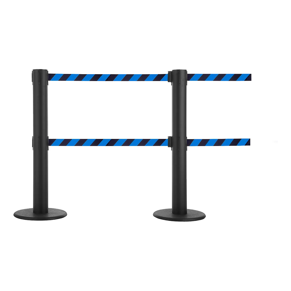 Two black stanchions with blue and black striped belts. The posts are placed on round feet.