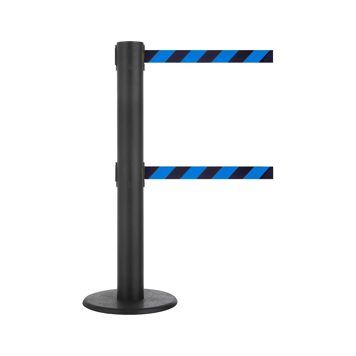 A black barrier stand with two retractable bands with blue and black stripes, attached to a round base.