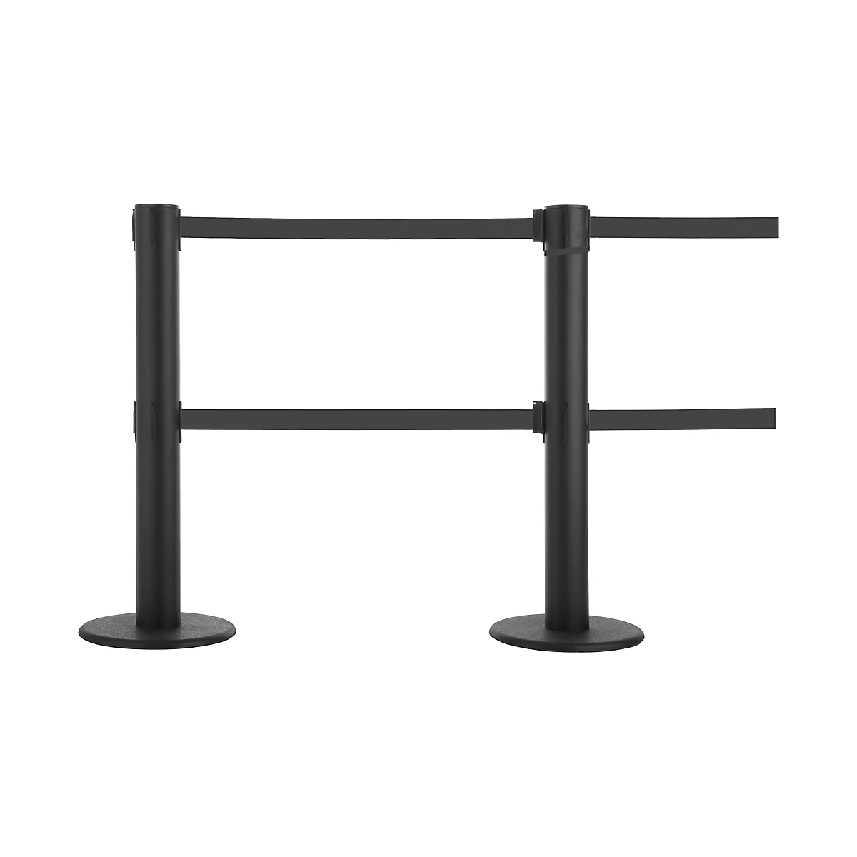 Black stanchion with two posts. Each post has a round base and black belt guides.