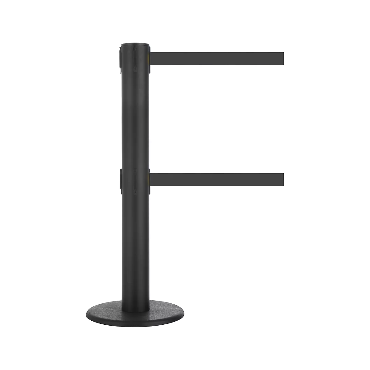 Black stanchion with two retractable belts to control visitor flow, isolated.