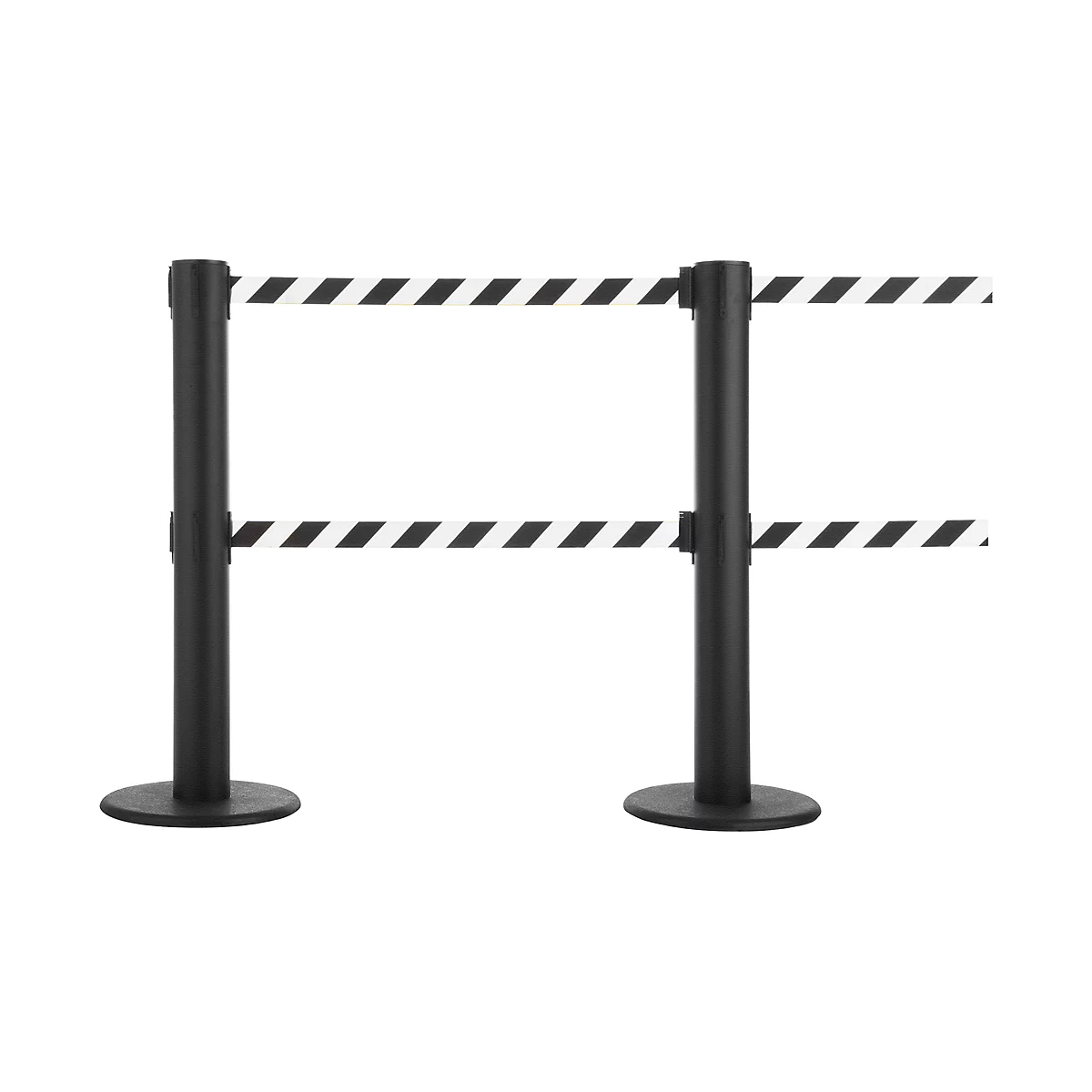 Two black barrier posts with black and white striped bands.