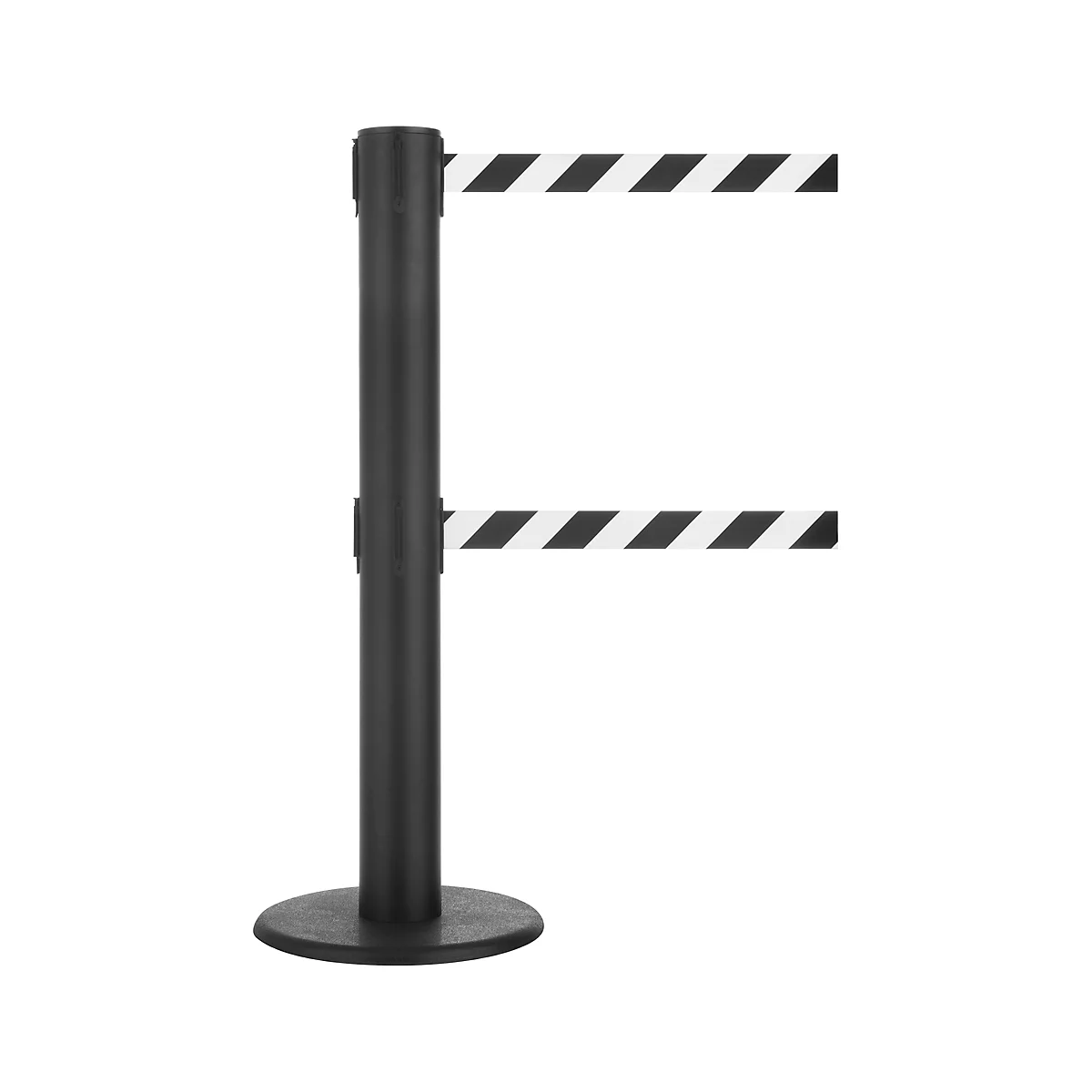 Black barrier post with two black and white striped barrier tapes.