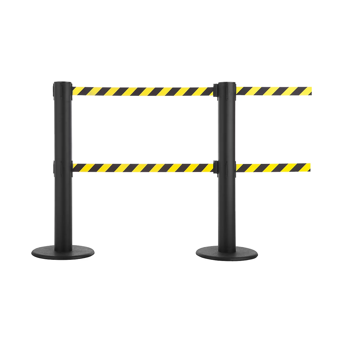 Two black stanchions with yellow and black striped belts, against a white background.