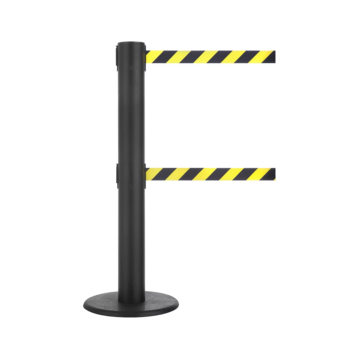 Black barrier post with two yellow and black striped ribbons. Round base, black column.