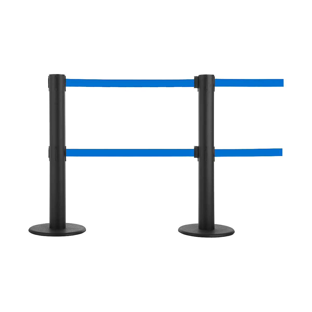 Black barrier posts with blue bands. The posts have round feet.