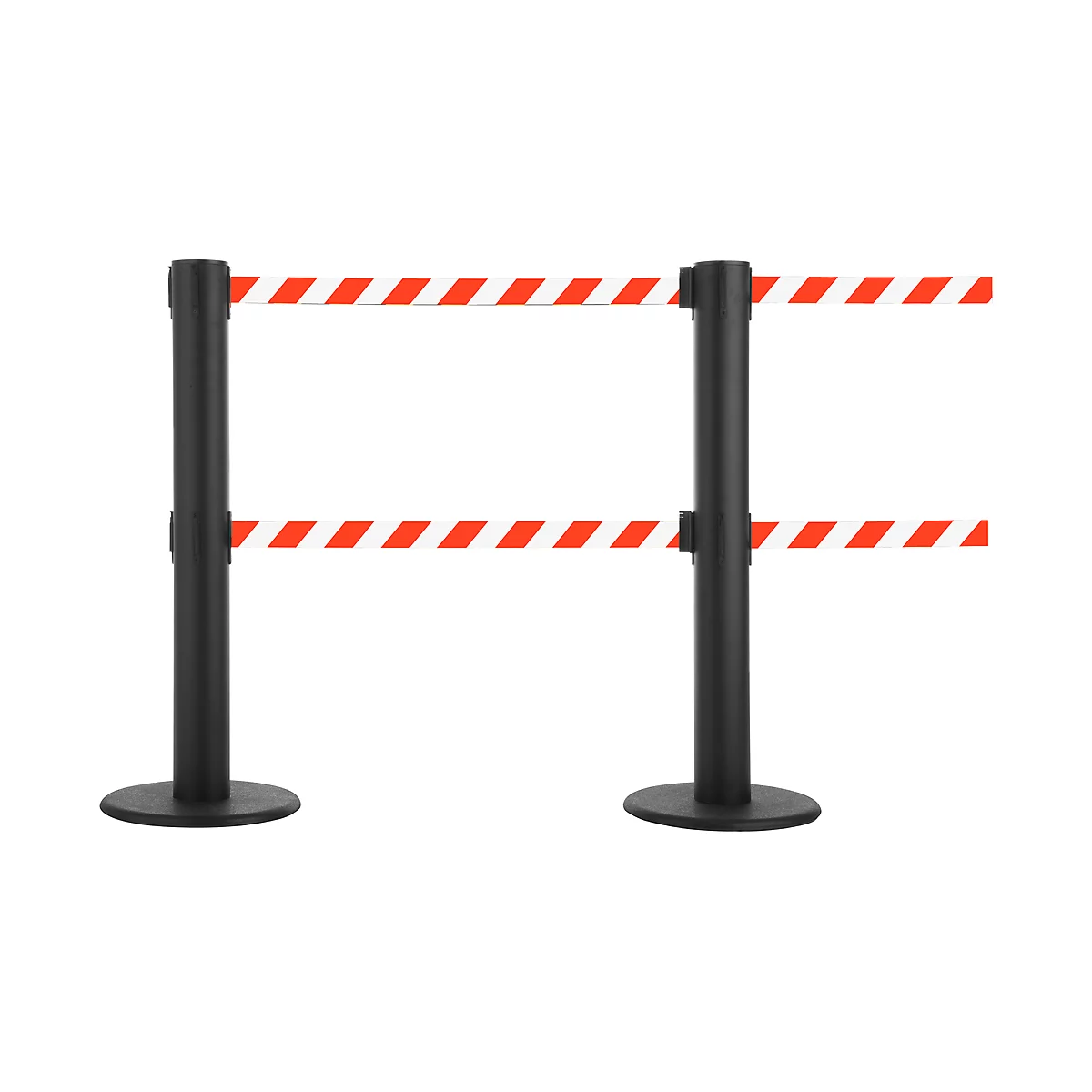 Two black stanchions with red and white striped tapes.